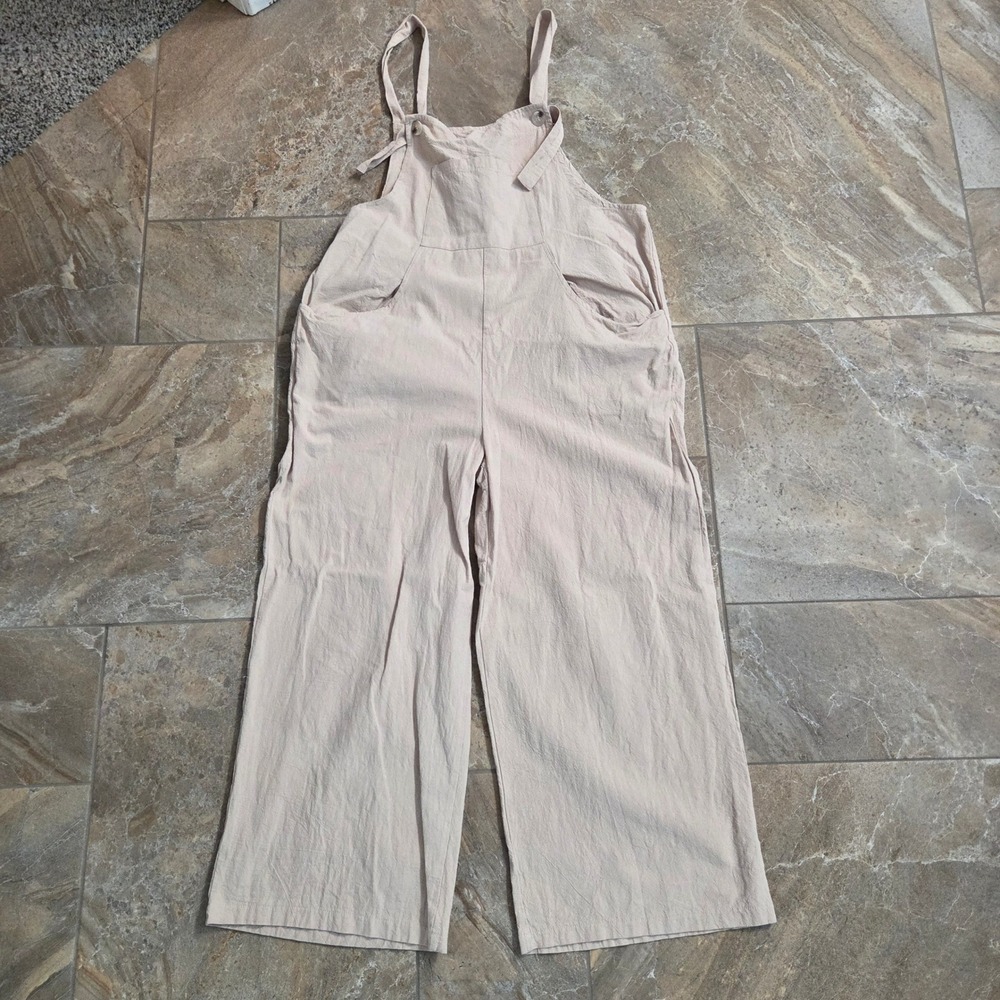 Womens Cotton Wide‎ Leg Overalls Beige Neutral Relaxed Fit Bib Jumpsuit Large